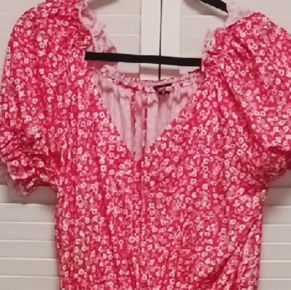 Chic Pink Light Green,  Puff Sleeve Sundress